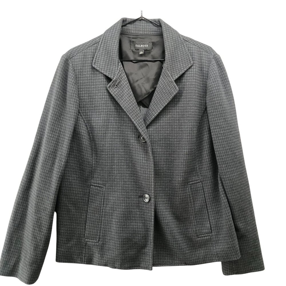 Talbots Houndstooth‎ Knit Blazer Womens L Gray Black 2 Button Stretch Career